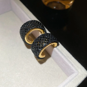 Macro shot of gold C-shaped earrings with micro-paved black zircon stones in a jewelry box