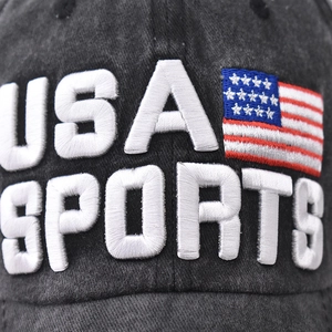 Washed cotton baseball cap with 3D USA SPORTS embroidery and American flag patch