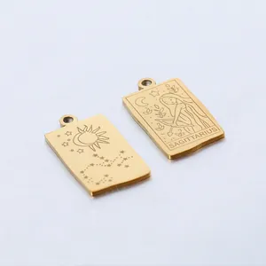 Detailed view of gold stainless steel Sagittarius pendant with celestial sun star patterns