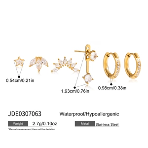 Gold stainless steel earring set with star and zircon studs in a waterproof design