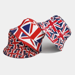 Detail of reversible bucket hats with Union Jack and Australian flag prints on cotton canvas