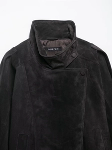 Detailed close-up of dark grey suede jacket collar and shoulder with premium texture