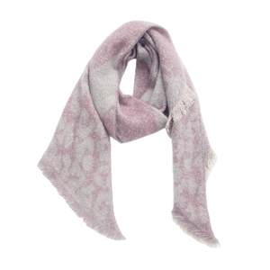 Detailed shot of pink and grey bouclé plaid scarf with leopard print and soft fringe