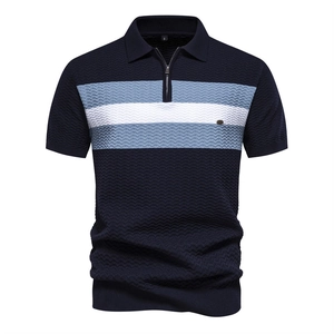 Men's navy blue striped knit polo shirt with stylish half-zip lapel on white background