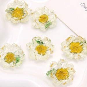 Macro detail of transparent resin daisy charms with yellow stamens on a white plate