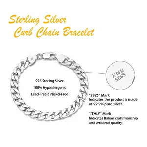 Hypoallergenic 925 sterling silver curb chain bracelet with Italy S925 engraved clasp