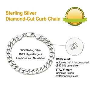 Hypoallergenic 925 sterling silver curb chain bracelet with Italy S925 engraved clasp