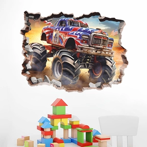 3D wall sticker featuring a monster truck breaking through a wall for boys bedroom