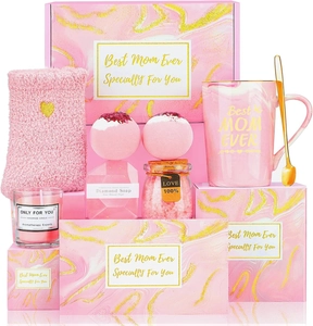Pink marble ceramic mug with aromatherapy candle and soap in a Best Mom Ever gift set