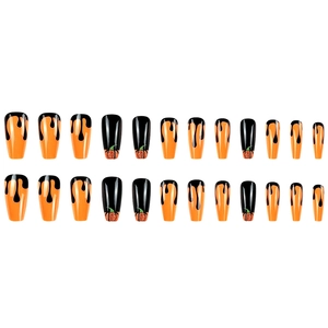 Halloween almond press-on nails set with 24 black and orange pumpkin teardrop designs