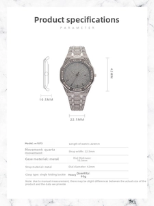 Detailed specs of the octagonal iced-out watch with 42mm dial and 10.5mm thickness