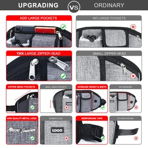 Detail comparison showing upgraded YKK zippers and metal logo on gray pet running belt