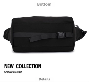 Dettaglio della base in nylon nero resistente e della fibbia in plastica della borsa a tracolla