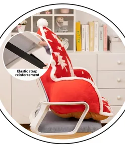 Detail view of red Christmas chair cushion with snowflake patterns and elastic straps