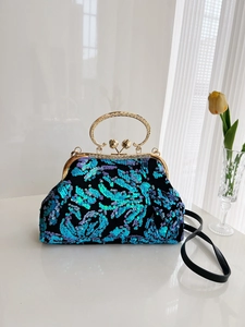 Vintage sequin shell evening bag with blue-green tones and gold metal top handle