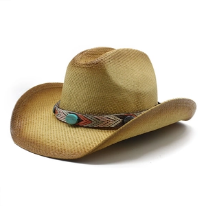 Western Cowboy Straw Hat Wide Brim Sun Protection Summer Beach Hat With Turquoise Ethnic Band Retro Style For Men Women