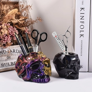 Portapenne teschio di Halloween e vaso per piante con trama artistica e finitura nera