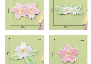 Detailed size and weight dimensions for cartoon flower embroidery patches in various styles