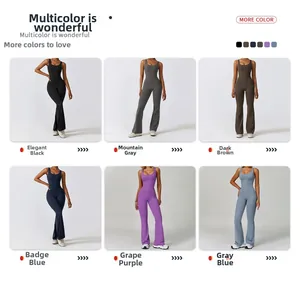 Matrix showing flare leg jumpsuits in black, gray, brown, navy, purple and blue-gray