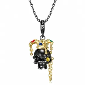 Collier Pendentif Crâne De Joker Argent Sterling 925 Style Gothique Punk Sombre Émail Chapeau Coloré Monocle Dollar Pour Hommes Femmes