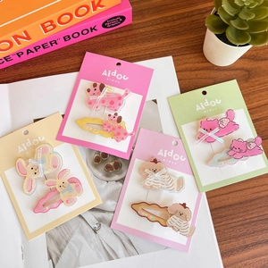 Cartoon acrylic animal hair clips with ribbon bows for girls, colorful cute 4-piece set