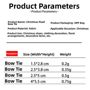 Size chart showing various dimensions of Christmas red and green plaid ribbon bow ties