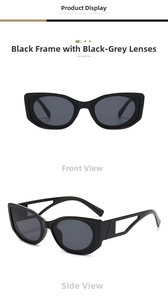 Detail view of oval sunglasses featuring a hollow temple design and dark grey lenses