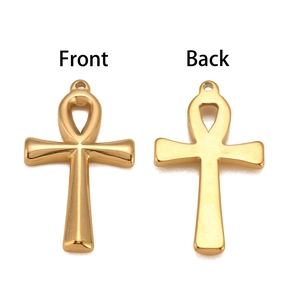 Golden stainless steel Ankh cross pendant showing both front and back views on white background