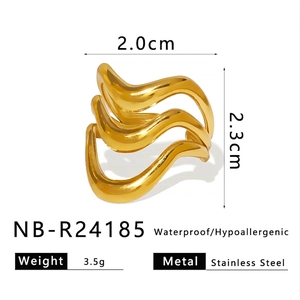 Macro view of triple-layered 18K gold-plated stainless steel wave ring dimensions
