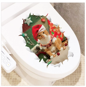 Detailed 3D Christmas cat sticker on a white toilet lid for festive bathroom decoration