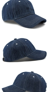 Detailed views of dark blue denim baseball cap featuring white contrast stitching