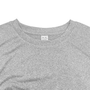 Close-up of crew neckline and gray moisture-wicking knit fabric texture on men's t-shirt