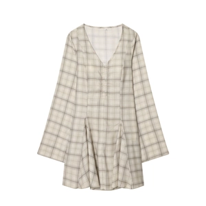 Vintage Plaid Mini Dress With V Neck And Long Flare Sleeves High Waist A Line Ruffled Hem Sweet Style For Women