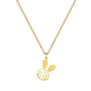 Minimalist titanium steel rabbit pendant necklace with Fu character in gold finish