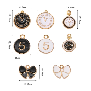 Detailed view of alloy enamel watch face charms and bow pendants for DIY jewelry making