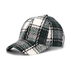 Detail view of the thick plaid texture and classic check pattern on this baseball cap