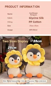 Detail showing plush penguin toys in 25cm and 35cm sizes with flower petal collars