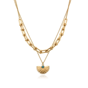 Double Layer Pendant Necklace Titanium Steel U Link Snake Chain Blue Agate Fan Sun Heart Pendant Retro Fashion Women Jewelry