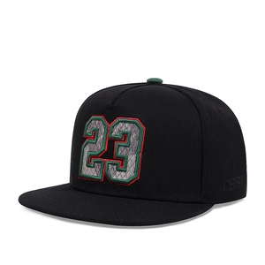 Black snapback baseball cap with number 23 embroidery and green brim accents