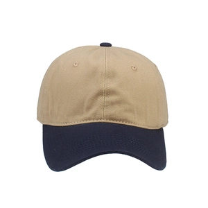 Classic two-tone khaki and navy blue soft top baseball cap with a curved brim design