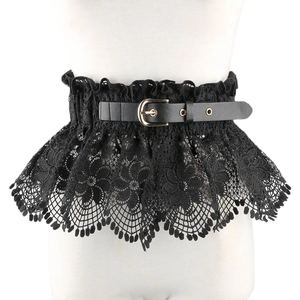 Detailed view of black lace corset belt with hollow patterns and a vintage metal buckle