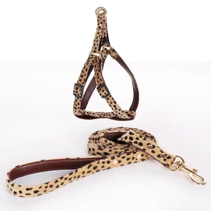 Detailed view of leopard print pet harness set with gold metal hardware and suede texture