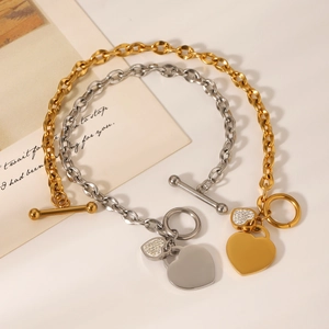 Elegant gold and silver heart pendant bracelets with OT buckle and pave crystals