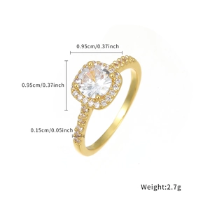 Classic gold round zircon ring with square cut center stone and detailed dimensions
