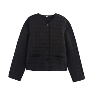 Women's black quilted round neck jacket with square pattern and snap button closure