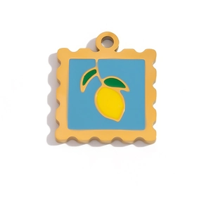 Square stamp shaped lemon pendant charm in 18K gold plated stainless steel enamel
