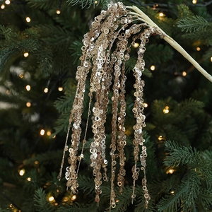 60cm golden glitter sequin Christmas branch sprays hanging on a tree for holiday decor