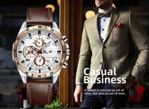 Macro detail of men's leather business watch featuring three-eye chronograph and date