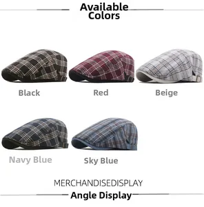 Detail view of plaid newsboy caps in black, red, beige, navy, and sky blue colors