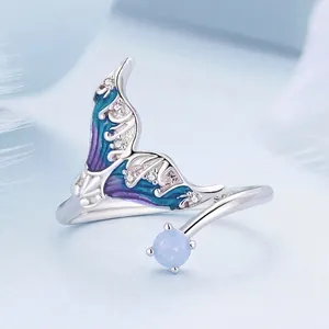 925 silver mermaid tail open ring with blue gradient enamel and zircon stones